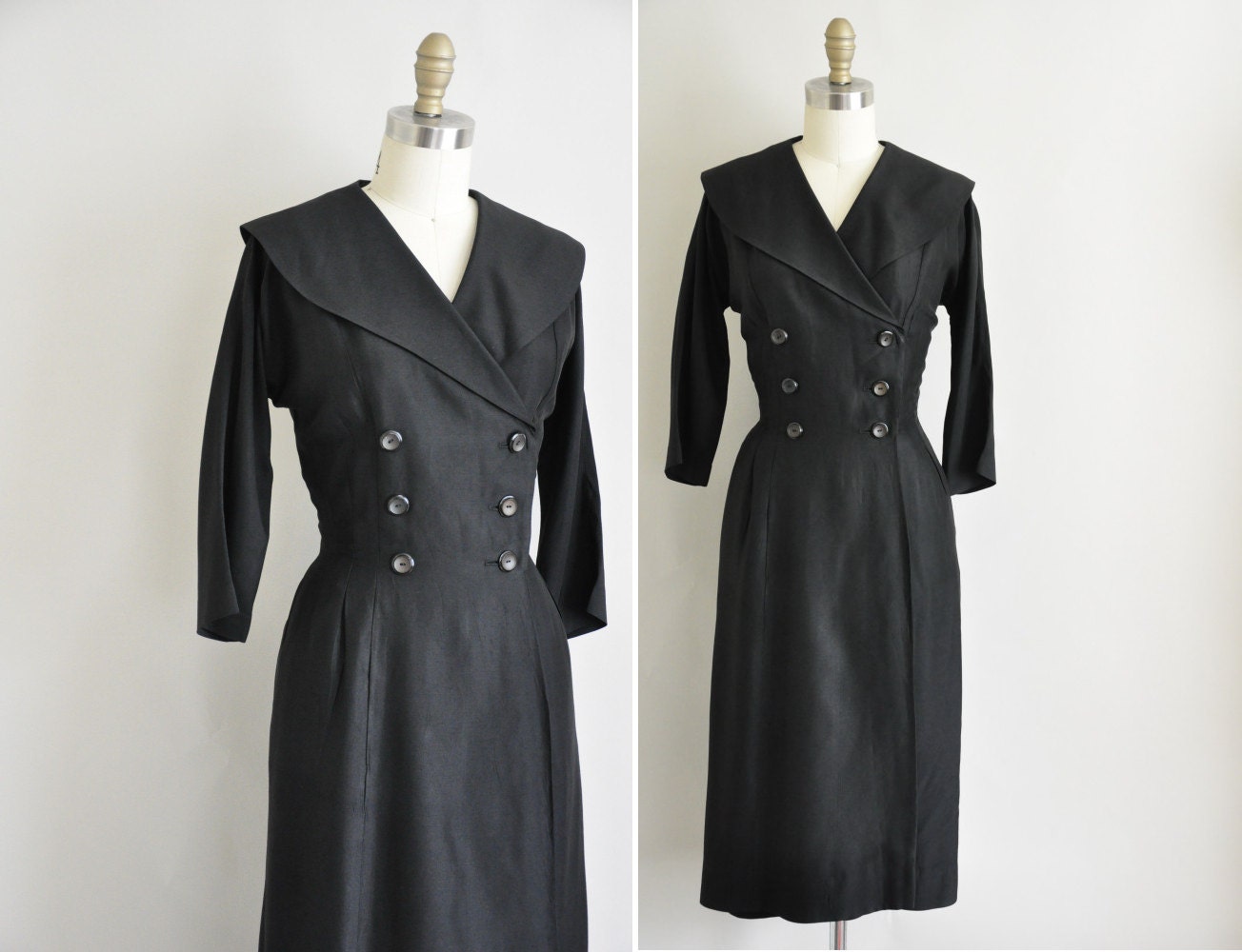 vintage 1950s designer RK dress / 50s double  breasted button dress / 50s black cocktail dress