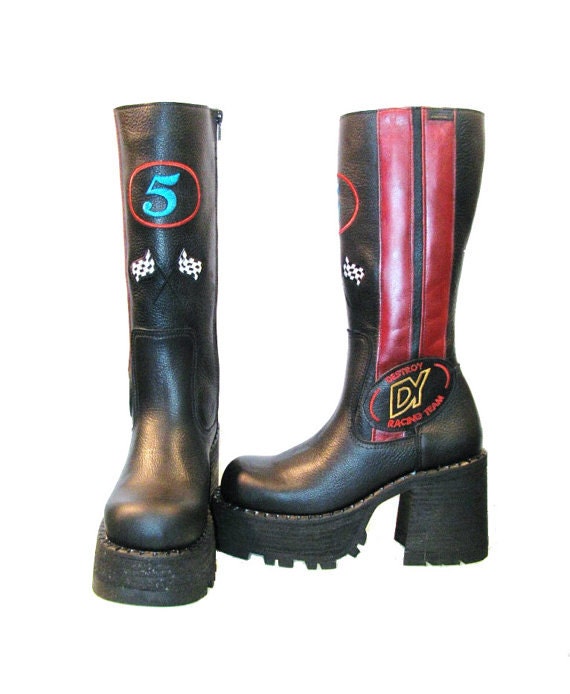 Vintage Platform Boots Black Leather Knee High MotorcycleRacing Stripe Dragstrip Boots Women's Euro size 37 / Women's U.S. size 6