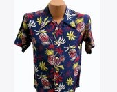 Vintage Hawaiian Shirt Mens Tropical Palm Trees and Pineapples with Coconut Buttons Men's Size SSmall