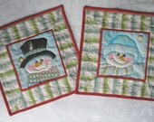Mug Rugs or Wallhangings A Pair Snowman Hand Painted Mini Quilt