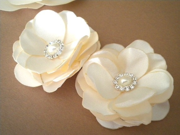 STORE CLOSING Reduced 2 Ivory - Bridal Hair Clip Roses with Pearl and Rhinestones  Satin Flower  Handmade Wedding