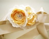 Dusky Yellow mustard and Ivory White flowers Bridal sash handmade  Wedding