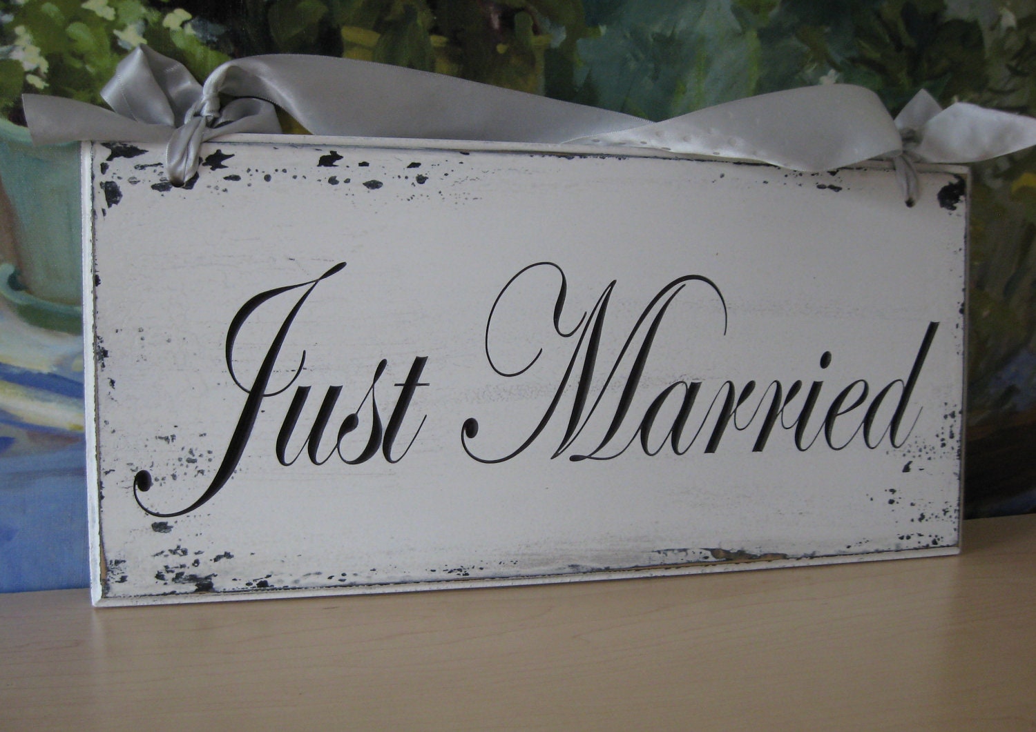 Wedding Sign Shabby Chic Just Married Engraved 6 x 12