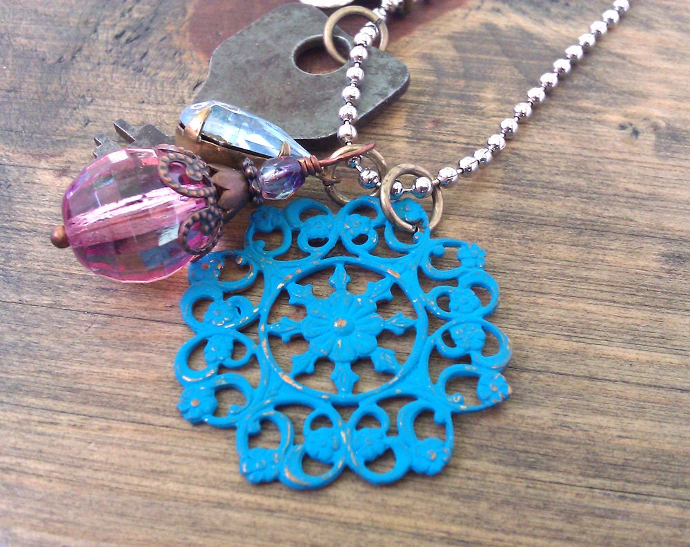 Gypsy Necklace Teal Filigree Raw Brass Czech Glass Vintage Rhinestone Jewels Antiqued Key Ball Chain Bohemian Hippie