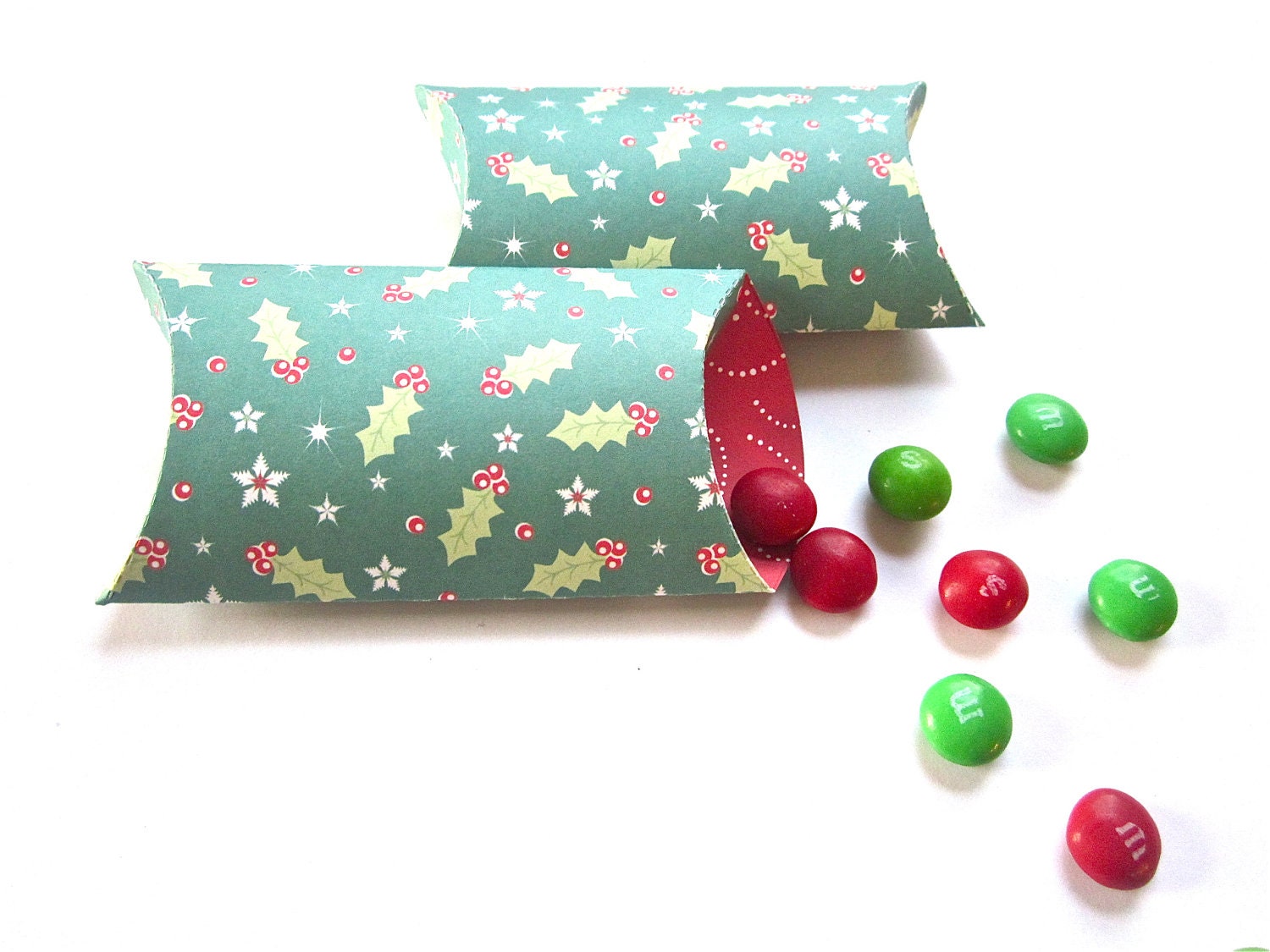 Christmas Holly Pillow Boxes Holiday Set of 12 Gift Box, Packaging, Candy Boxes