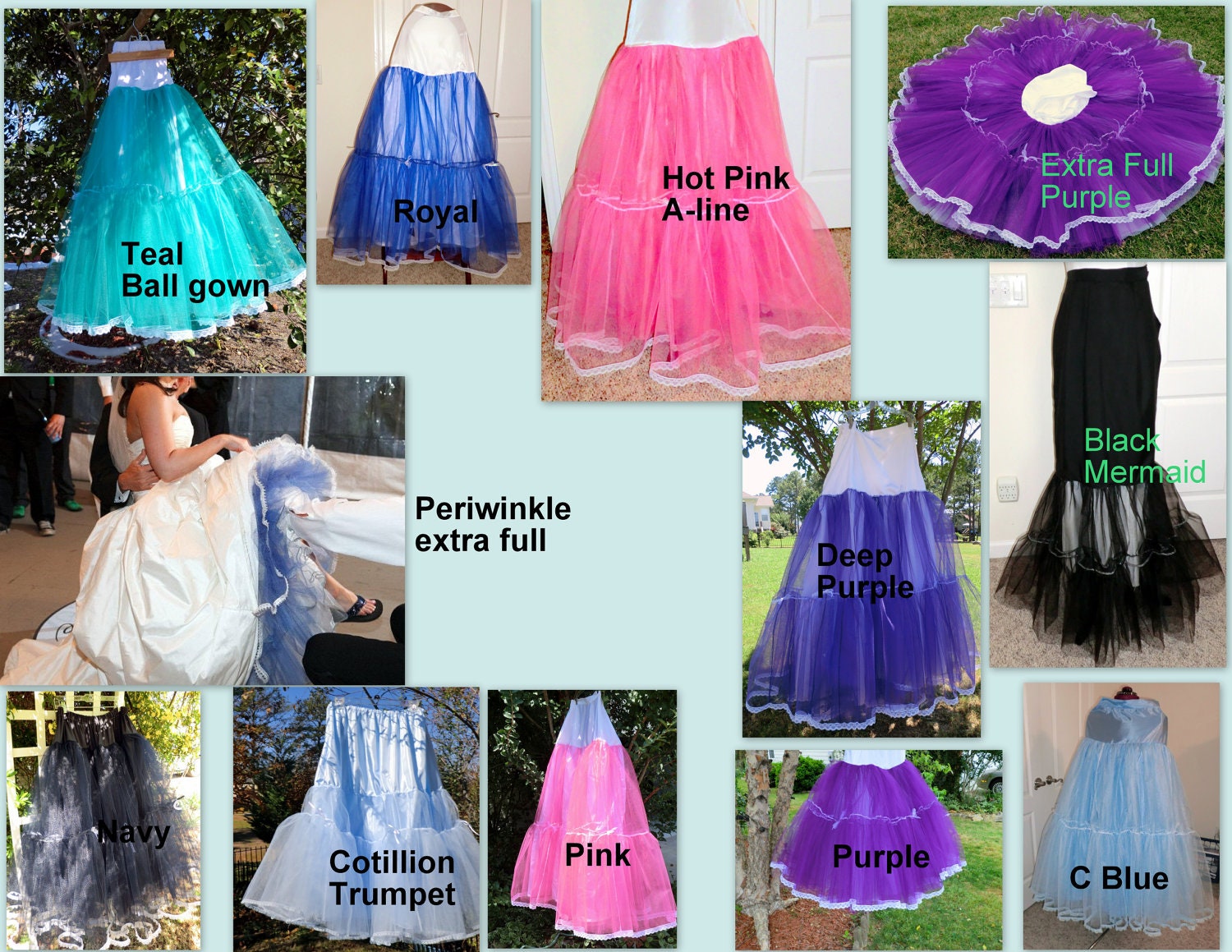 Something Blue (Black, White or ...) Crinoline Petticoat for Wedding gowns -Teal, Royal, Light Blue, Pink, Hot Pink, Purple, Black, White
