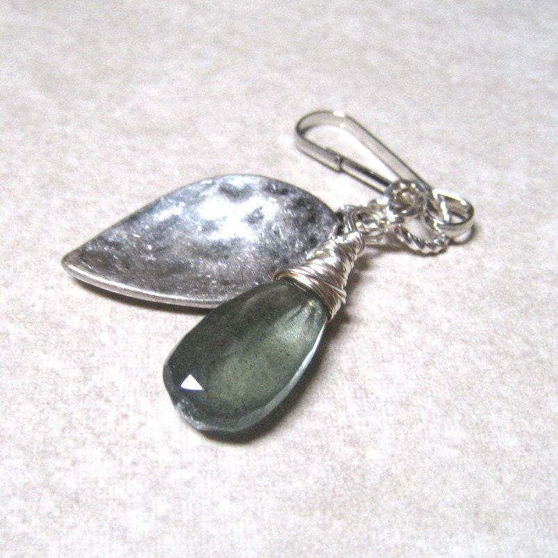 Key Chain Charm, Zipper Pull, Purse Charm, Cell Phone Charm, Leaf Charm, Moss Aquamarine in Silver