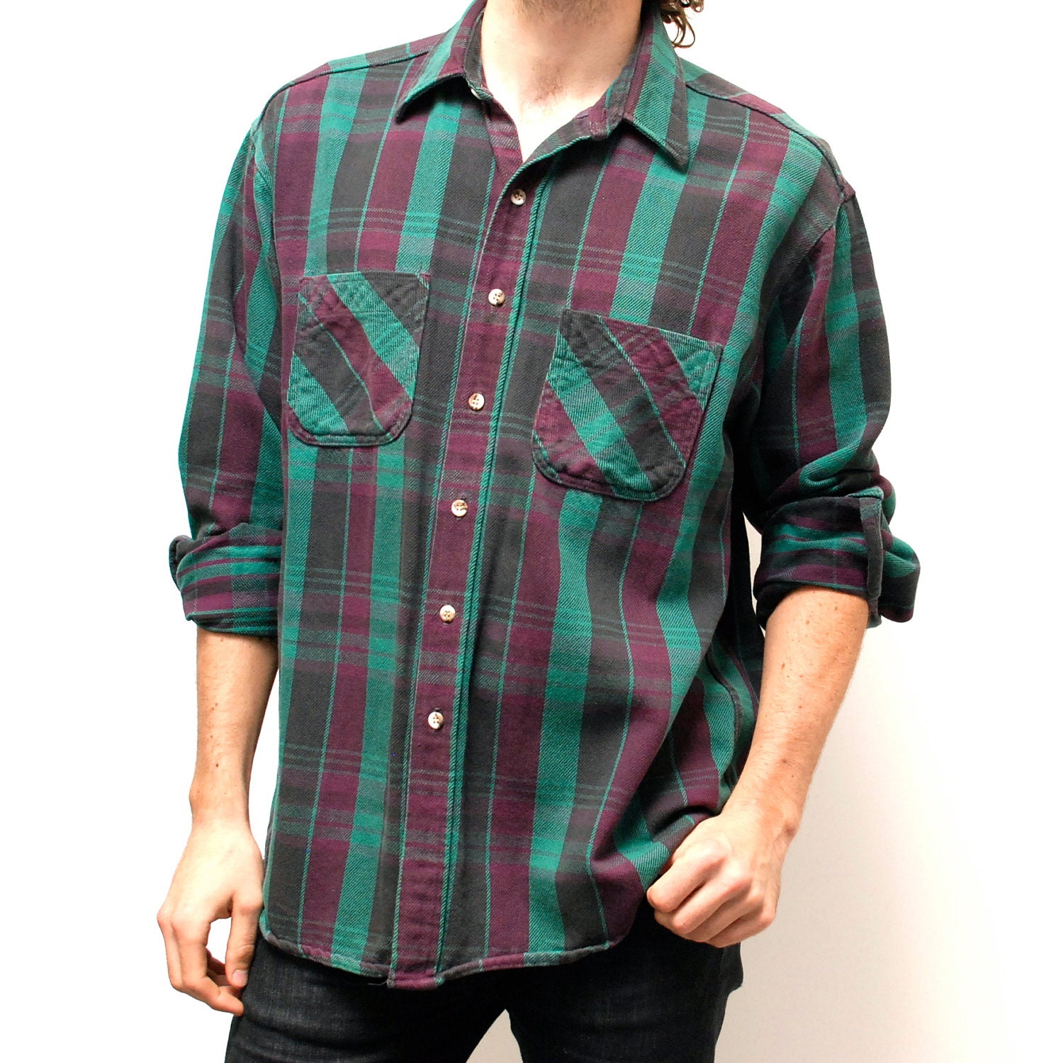 GRUNGE sanguine green 80s 90s PLAID cotton long sleeve button up shirt made in usa