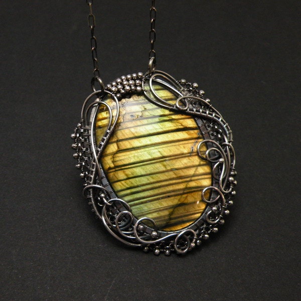 Labradorite necklace , wire wrapped pendant , wirework jewelry , green gold labradorite
