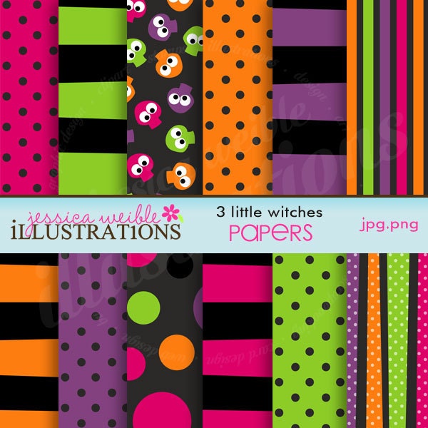 3 Little Witches Cute Digital Papers for Card Design, Scrapbooking, and Web Design Il_570xn