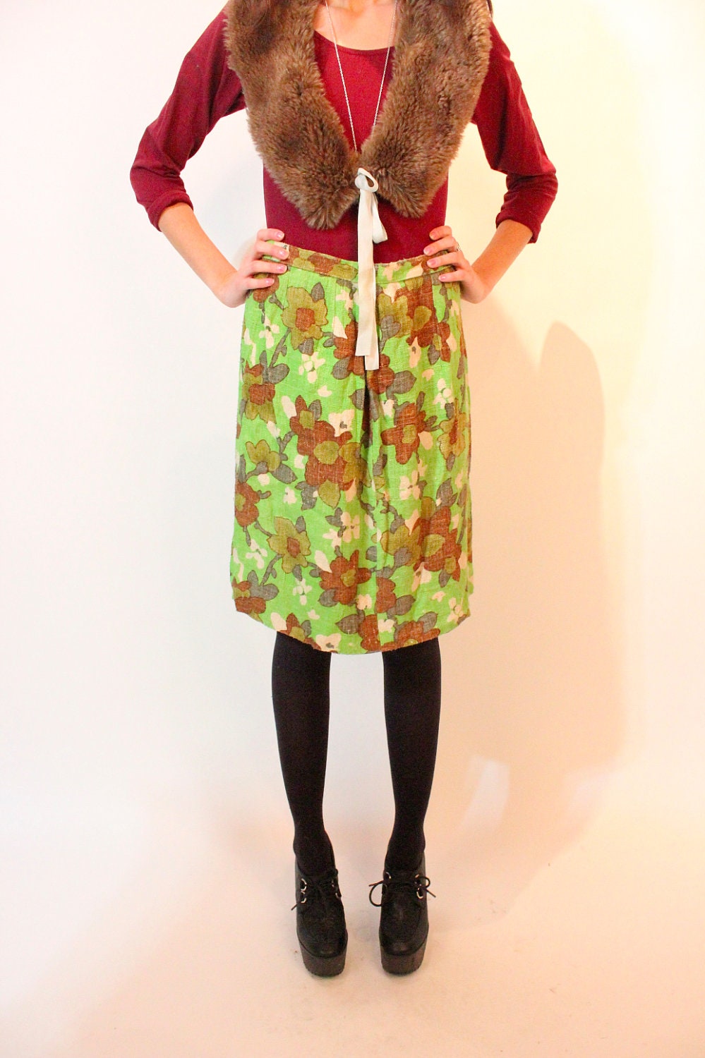 AUBREY 60s Lime Green Earthy Handmade High Waist Skirt