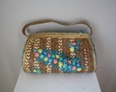 vintage straw handbag / 1960s raffia purse / floral summer beach