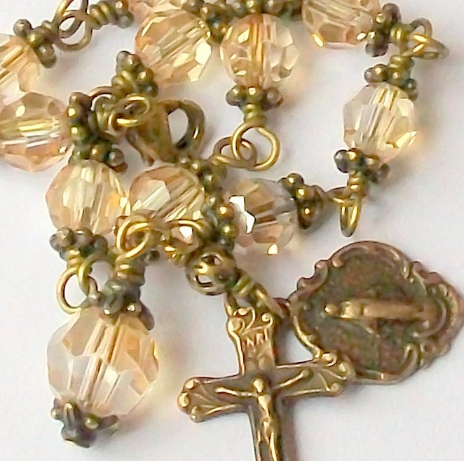 Vintage Look Gold Crystal Rosary Bracelet Antique Brass Swarovski Crystal Catholic Unbreakable Miraculous Medal FREE SHIP