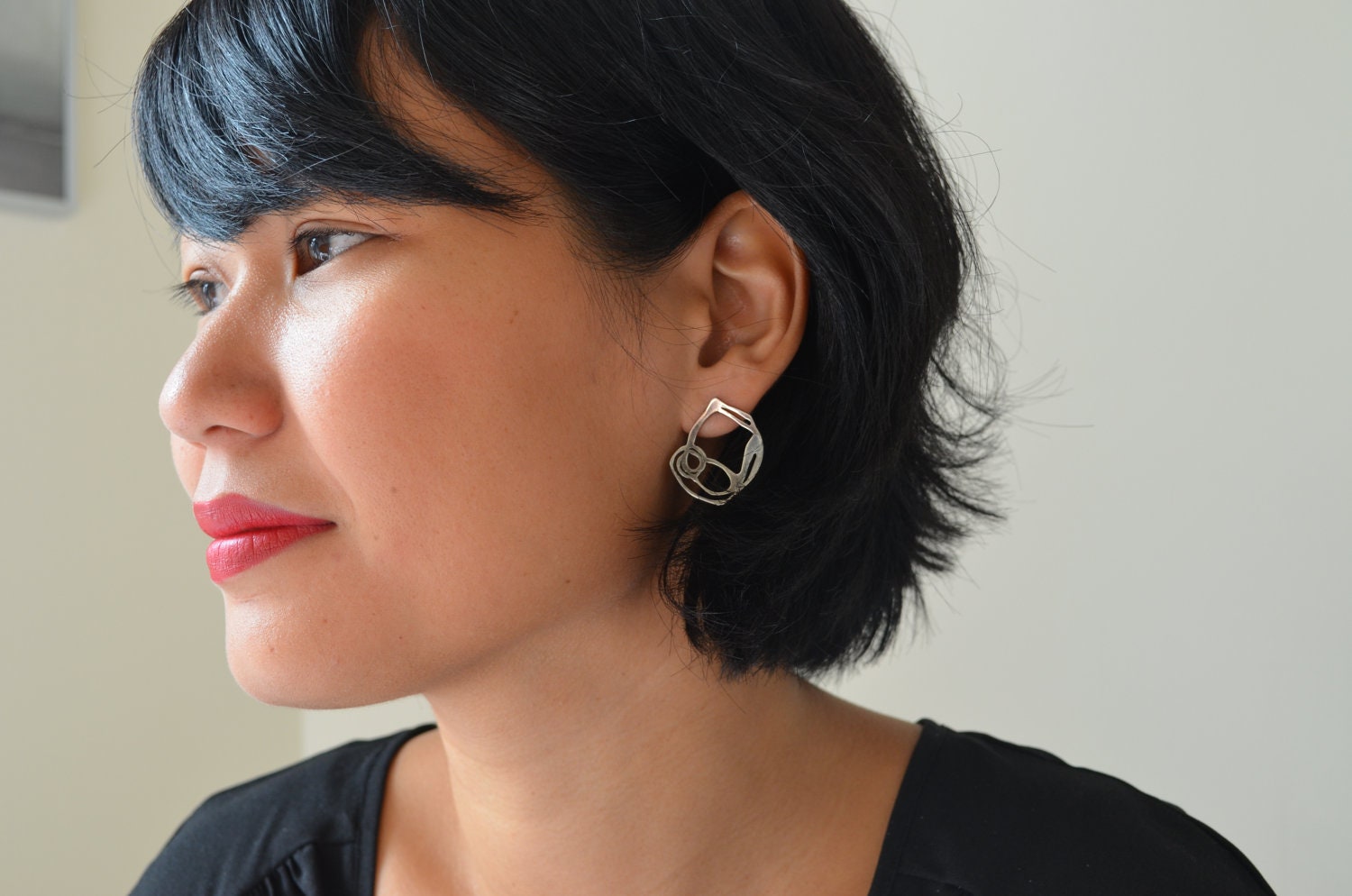 Asymmetrical sterling silver abstract drawing stud earrings