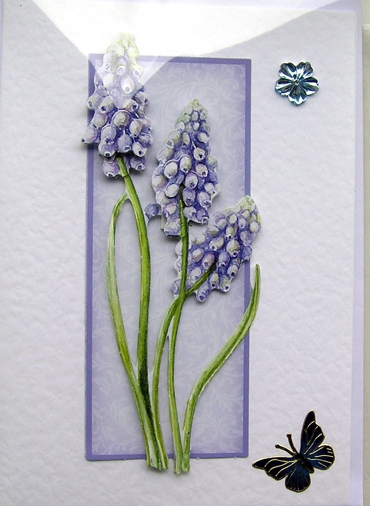 Blue Grape Hyacinth Hand-Crafted 3D Decoupage Card - Blank for any Occasion (1492)
