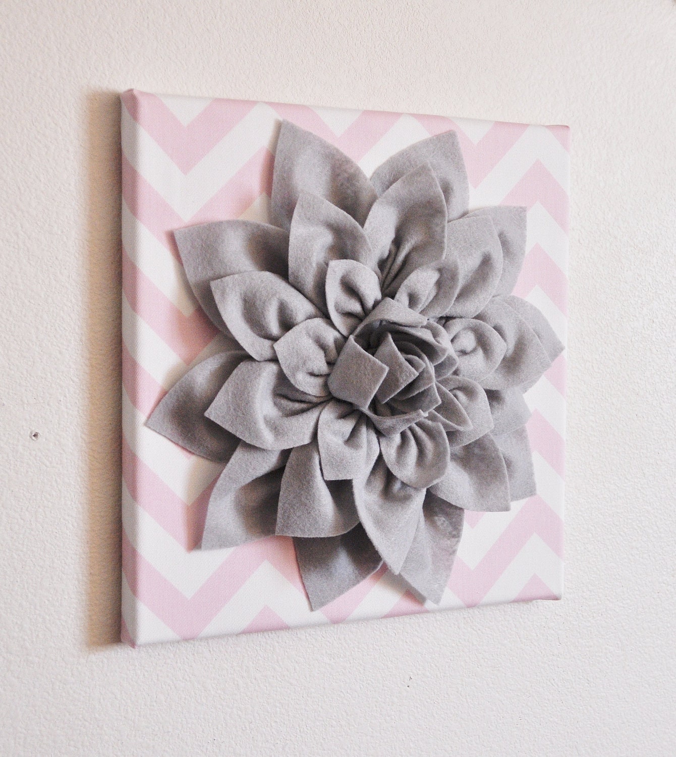 Flower Wall Decor -Gray Dahlia on Light Pink and White Chevron 12 x12" Canvas Wall Art- Baby Nursery Wall Decor-