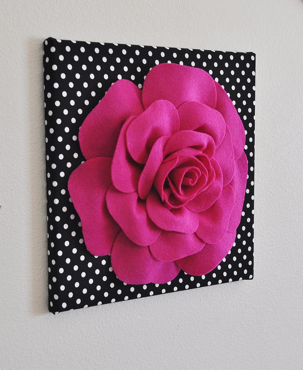 Rose Wall Hanging- Fuchsia  Rose on Black and  White Polka Dot 12 x12" Canvas Wall Art- 3D Felt Flower