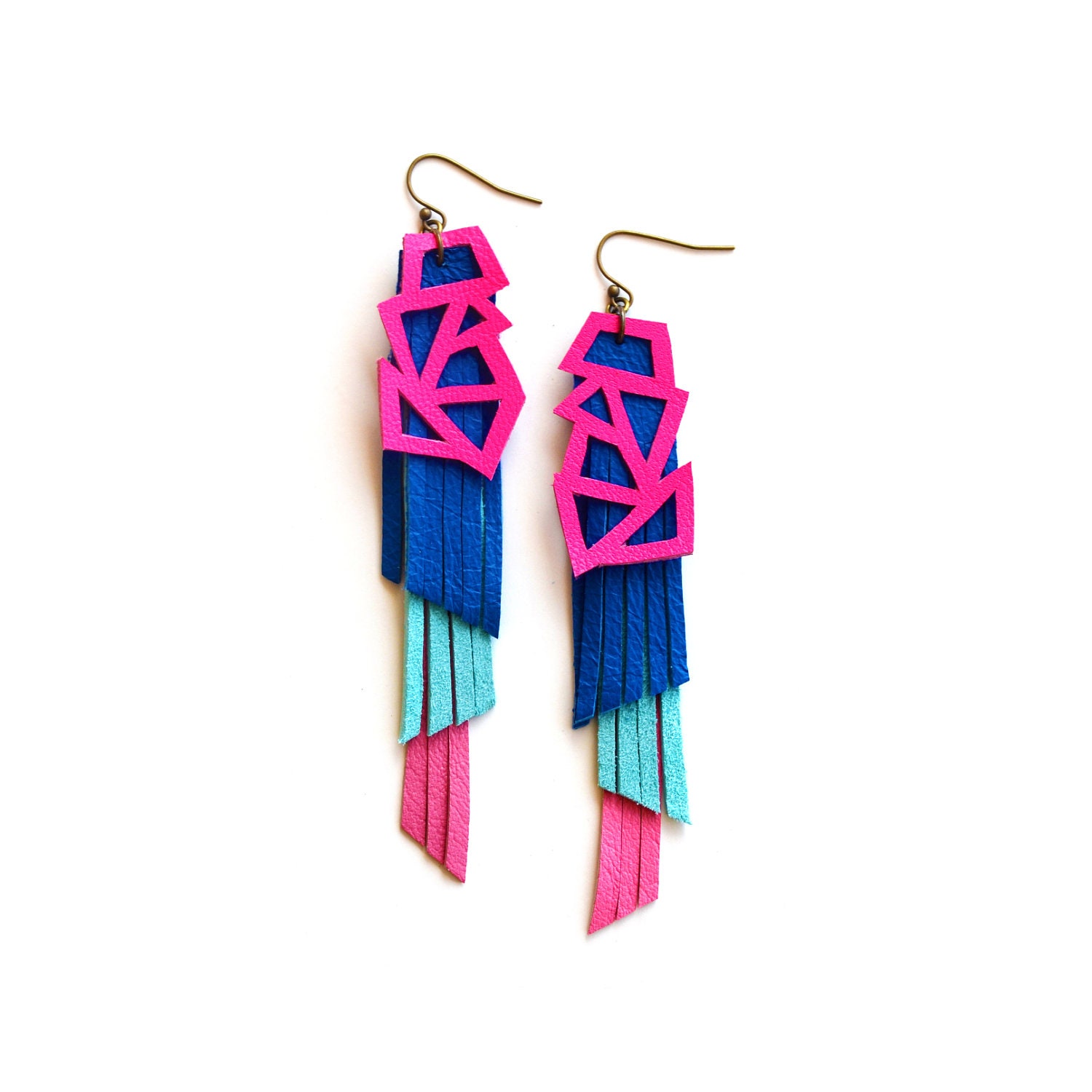 Neon Earrings, Color Block Leather Earrings, Geometric Triangle Fringe Tribal Jewelry