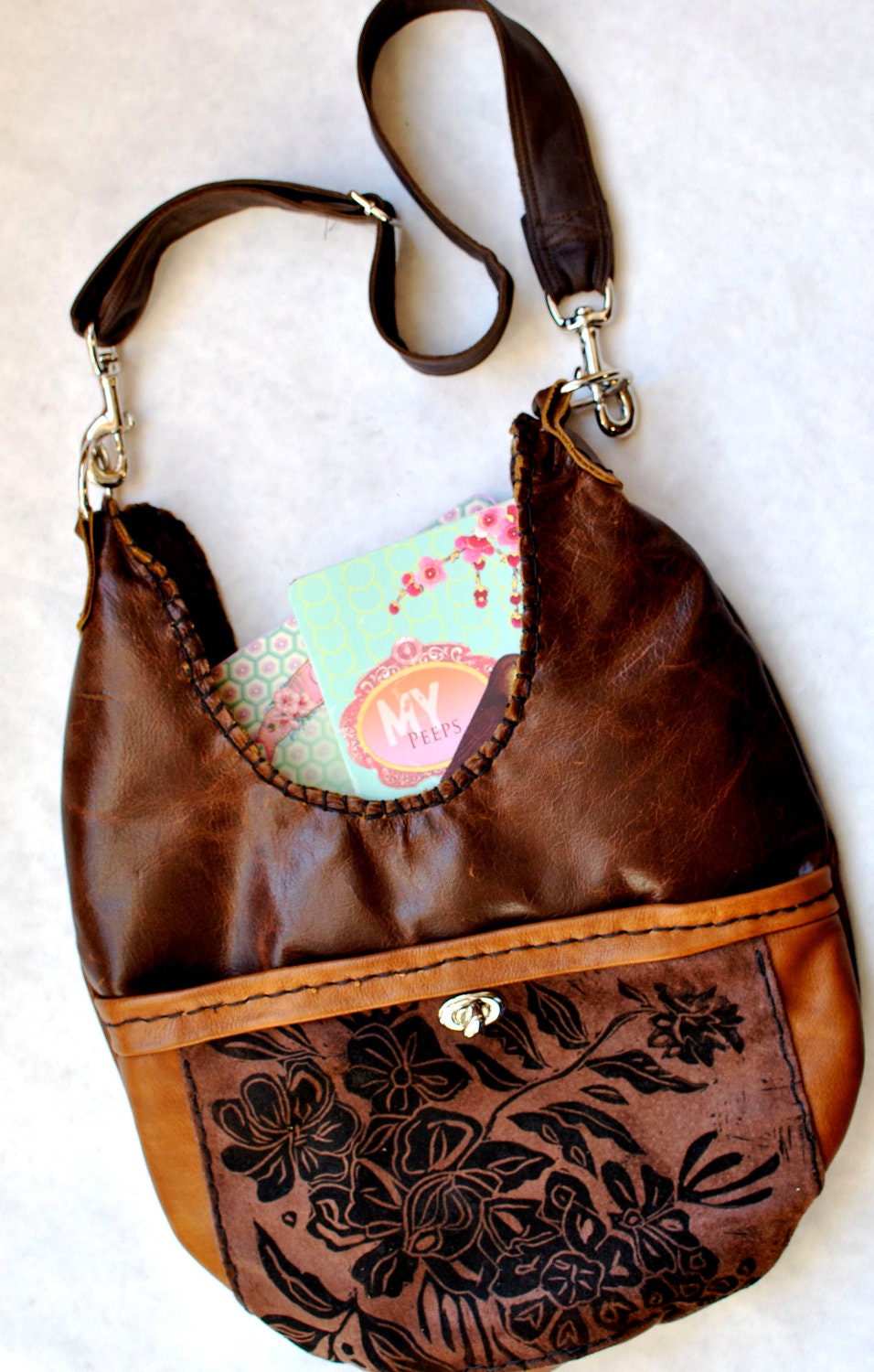 Round Leather Floral  Printed Hip Bag