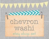 Etsy Shop Banner Set. Chevron Washi Tape Bunting. Custom Premade Theme. Shabby Chic Boho Turquoise Mustard Gray Stitched Linen