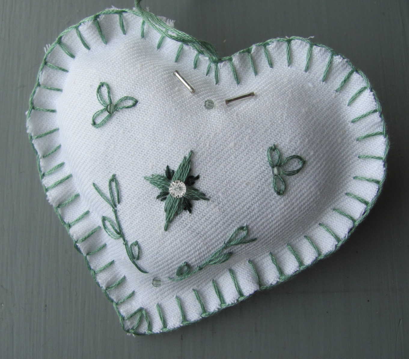 Embroidered Fabric Ornament, Heart of Happiness, White & Green, Love, Friendship, Hostess Gift, Housewarming, Wedding, Marriage, Anniversary