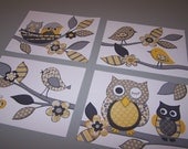 Baby nursery art decor Yellow gray owls birds kids art  set four 8x10 prints