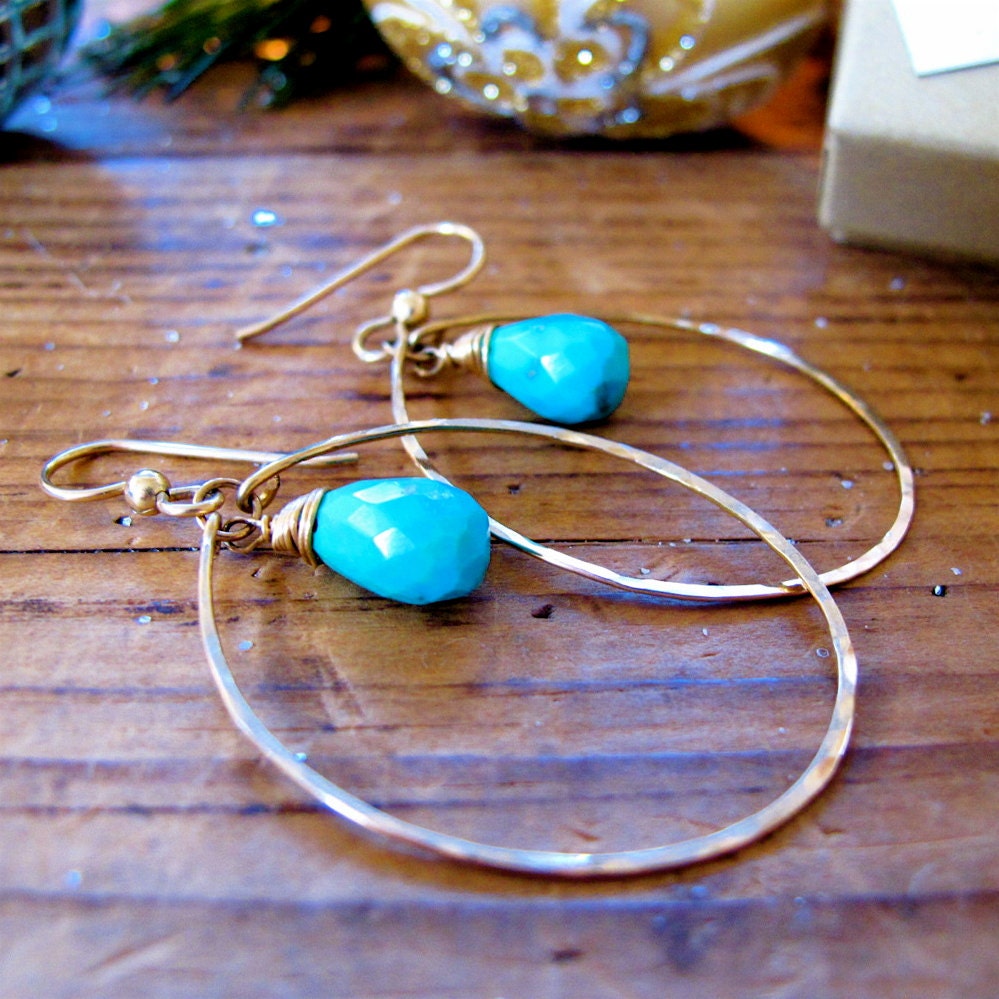Classic Turquoise and Gold Hoops - Turquoise and Gold Handmade Hoop Earrings