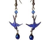 Sapphire Blue Bird Earrings - Patina Brass Birds with Blue Freshwater Pearls & Crystals