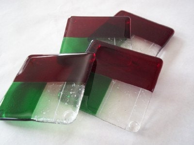 CLEARANCE SALE COASTERS - Festive Holly Berry and Snow Fused Glass Coasters - Set of 4