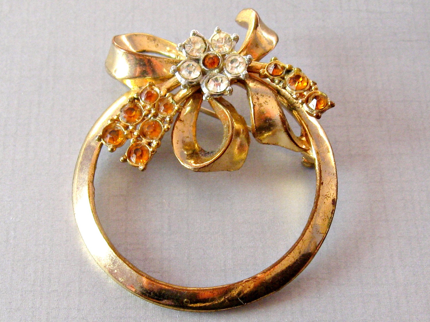 Vintage Gold CORO Circle Bow Brooch with Rhinestones