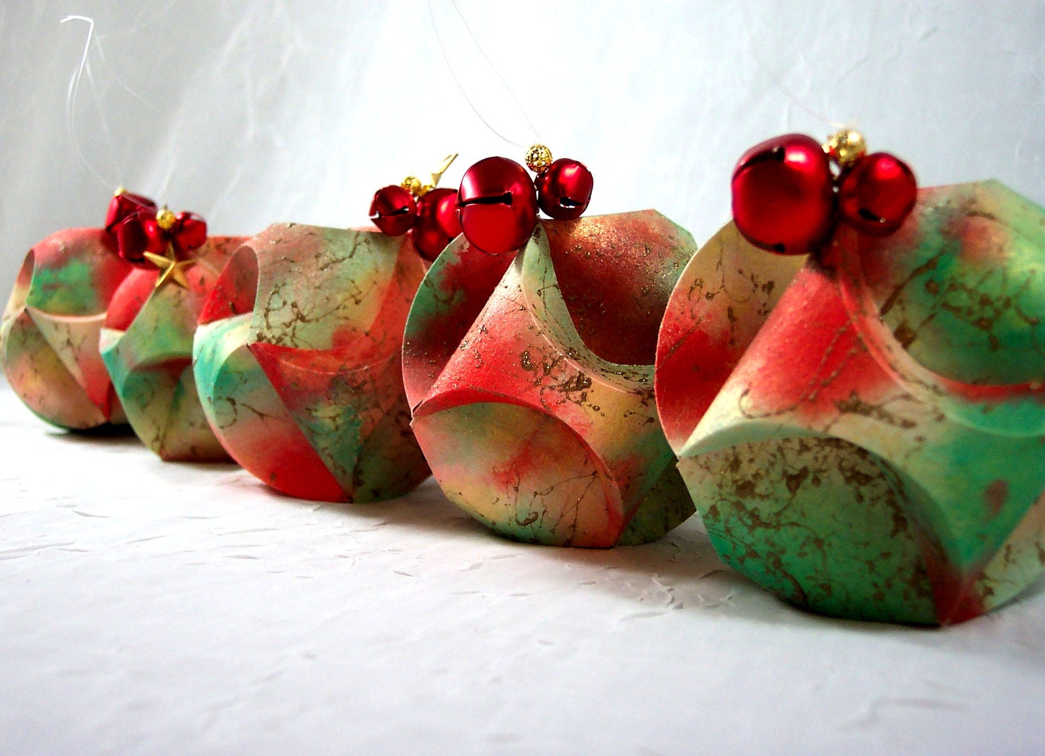 Christmas Ornament  Hand Made Paper Sculpture in Red, Green and Gold - Gift Boxed