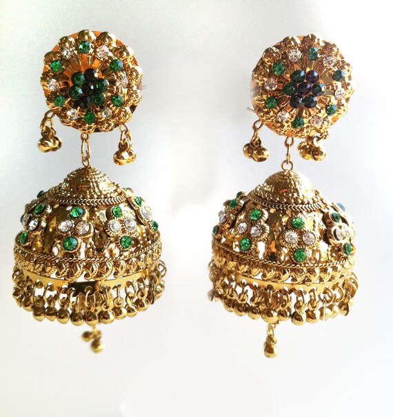 Gold Jhumka EarringsLarge Green Gold crystal by taneesijewelry