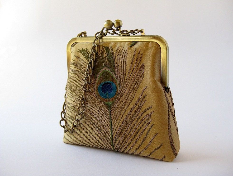 Silk embroidered peacock feather clutch purse with chain in Gold, Bride clutch, Bridesmaid gift idea, Evening purse, Wedding clutch