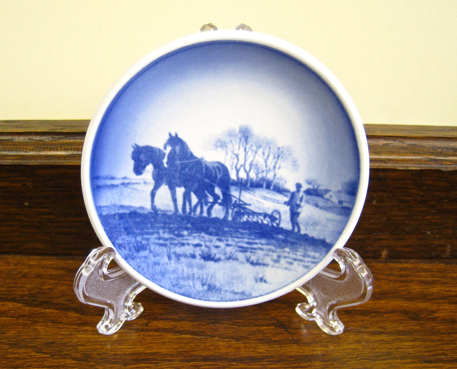 Royal Copenhagen Butter Pat, Faiance Landmanden, Wall Hanging, Butterpat, Tip Tray, Pin Dish, Blue Country Scene with Horses