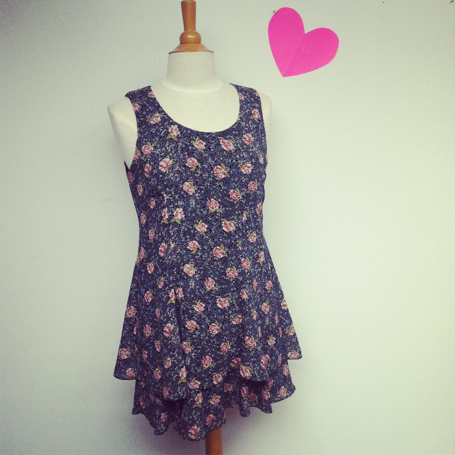 MOVING SALE Vintage Black and Pink Rose Ultra Mini Ruffle Dress