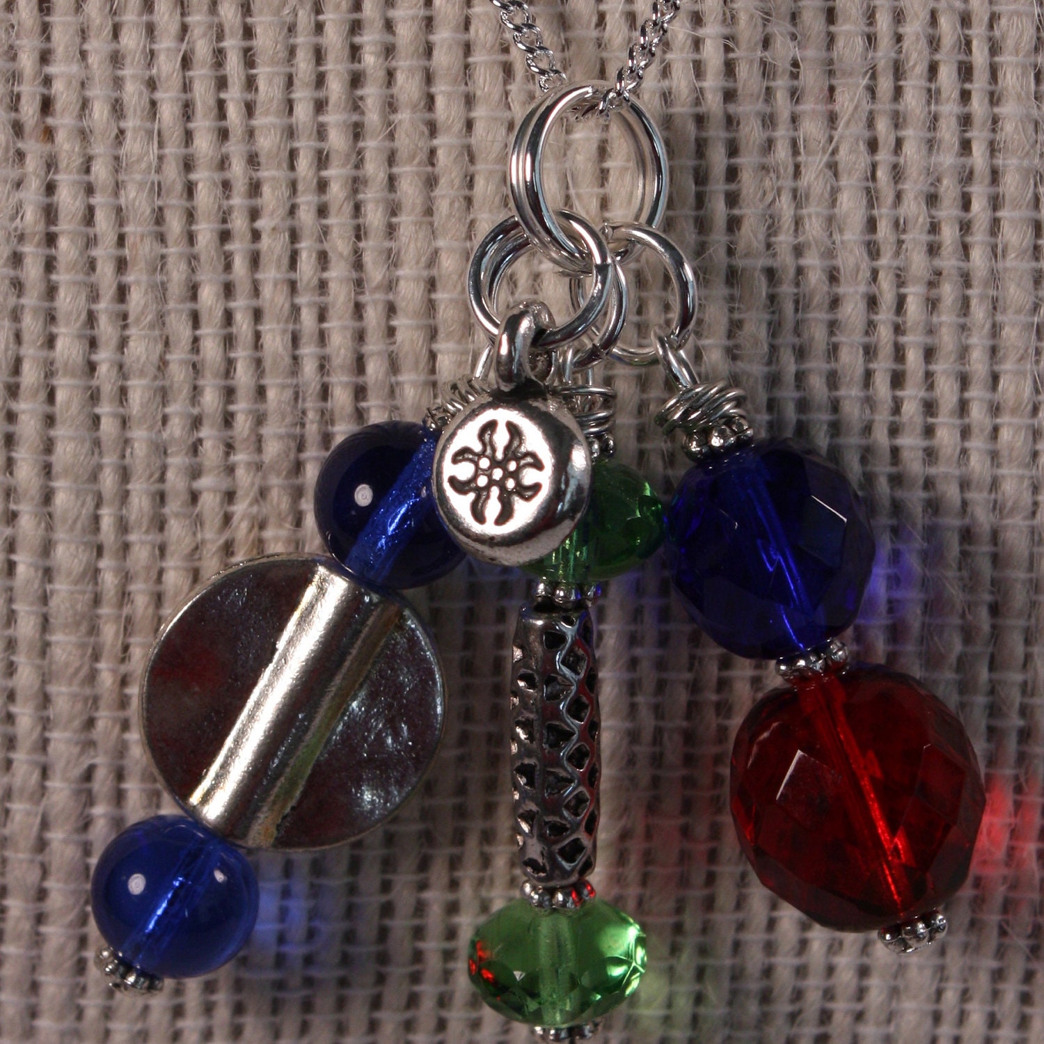 Cluster Necklace - Czech Glass Beads and Pewter Charm, 18 inches