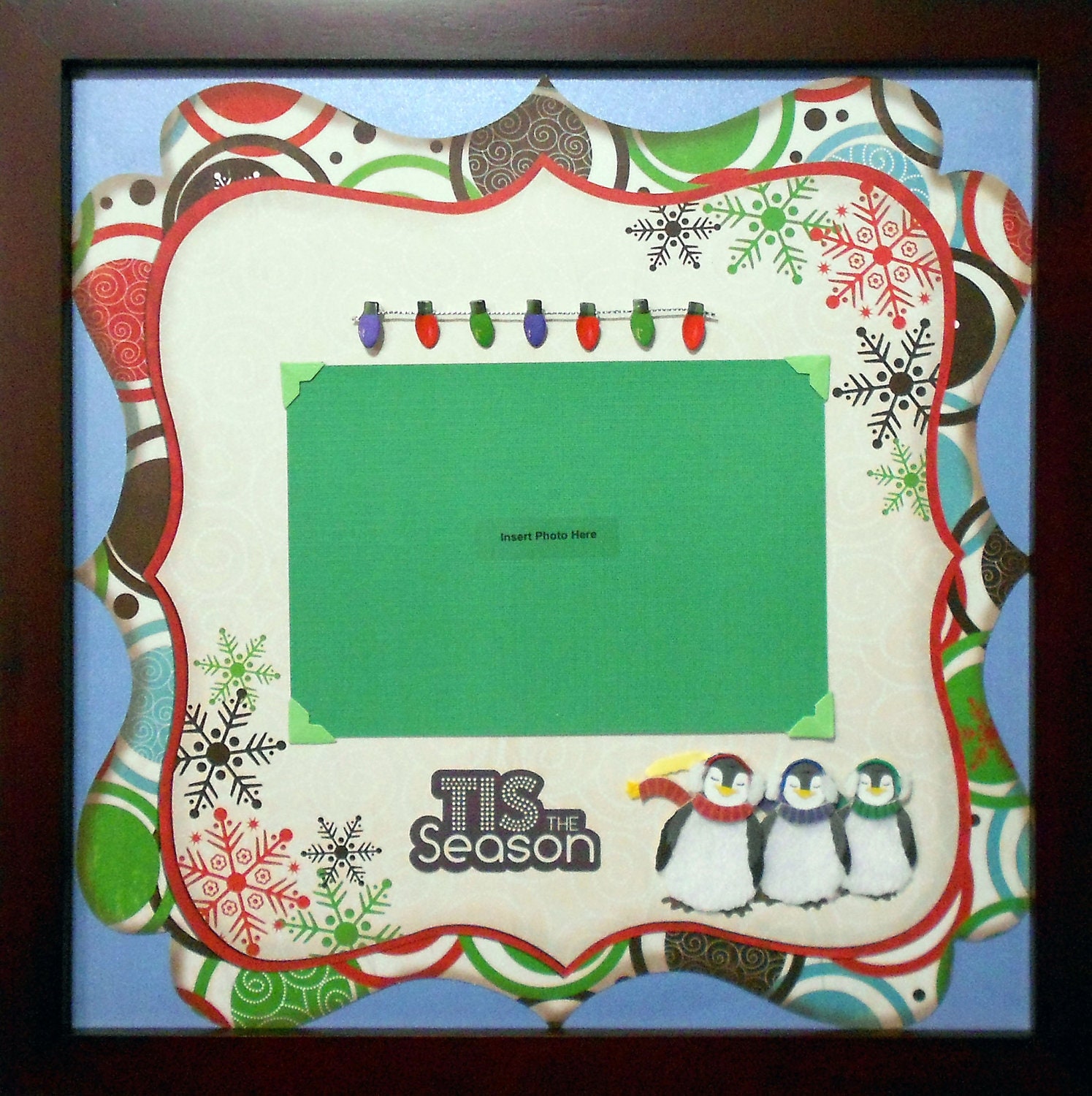 CAROLING PENGUINS Premade Memory Album Page (Mahogany Veneer Shadow Box Frame Sold Separately)