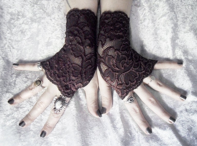 Taurea Lace Fingerless Gloves - Dark Chocolate Brown Floral Embroidered - Gothic Wedding Fetish Tribal Bellydance Goth Mori Girl Bridesmaid