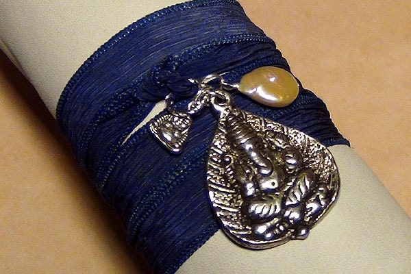Hand Dyed Silk Ribbon Wrap Bracelet Blue Silver Buddha Ganesh Pearl Yoga Jewelry Remover of Obstacles