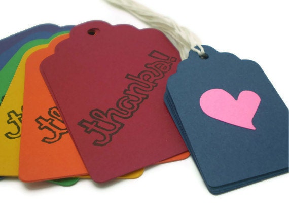 THANKS Tags in Rainbow Colors - set of 12 w/Bonus mini heart tags - HANDMADE by the KIDS