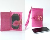 FRee Shipping Iphone 4  IPhone 5 Fuchsia Hot Pink  Silk Dupioni Case And Wallet Gold Rhinestone Buckle Valentines Day Gift