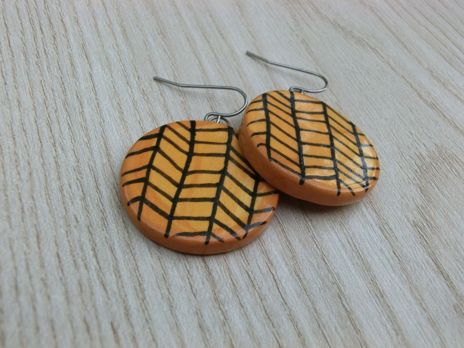Chevron Herringbone Dark Yellow Ocher Earrings