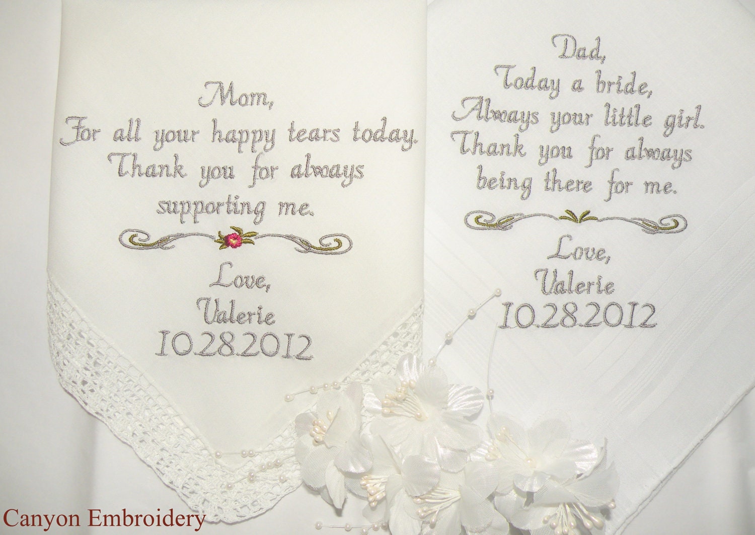 Two Personalized Embroidered Handkerchief SAYING THANKS Wedding Mother & Mother In-Law Hankie Sayings Gifts By Canyon Embroidery on ETSY