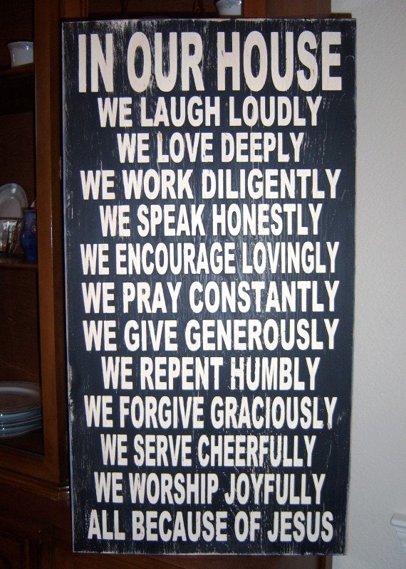 In Our House, We Love Deeply, We Laugh Loudly,  All Because Of Jesus Typography Wood Sign, Subway Art Sign, Famly Rules Sign