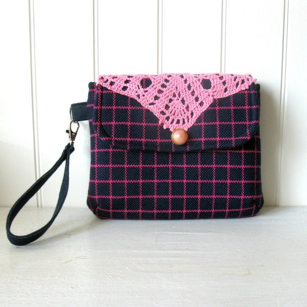 Handbag blue and pink with applied lace with removable strap