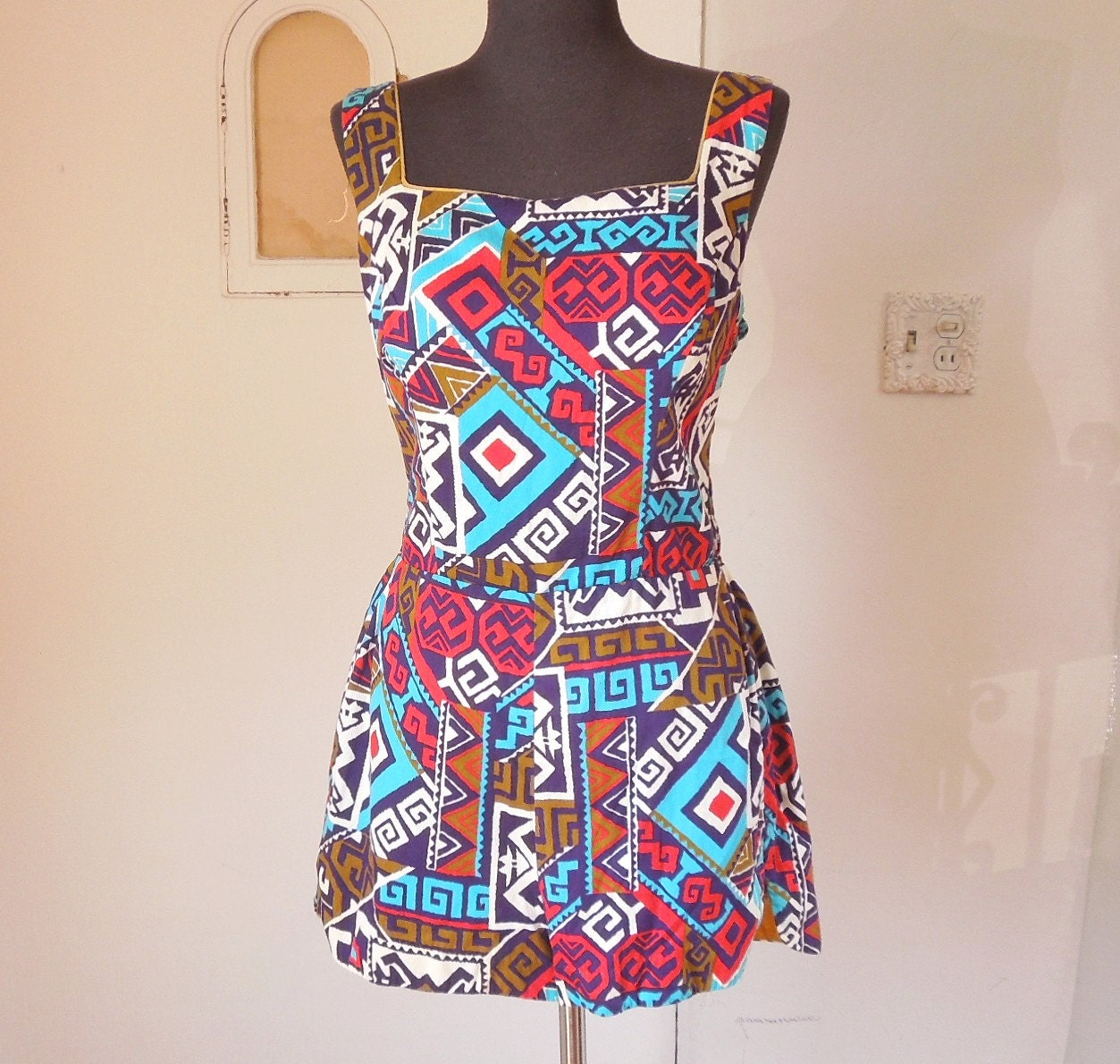 Vintage 60's Swimsuit, Playsuit, Hawaiian, Turquoise, Red and White Geometric Tiki Print, By Cole, Rockabilly, Size Large