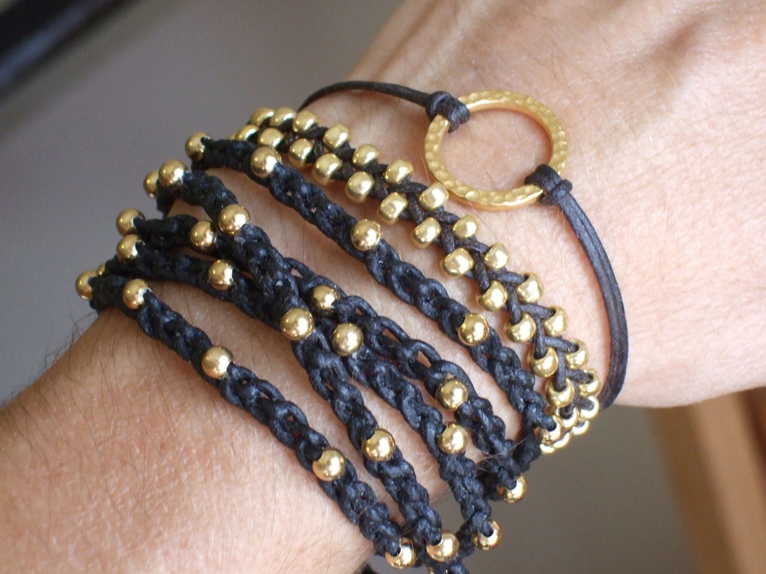 Black and Gold 5x / Quintuple Wrap / Multi Wrap Crocheted Black Waxed Cotton Cord Bracelet  - Choice of 18 Cord Colors