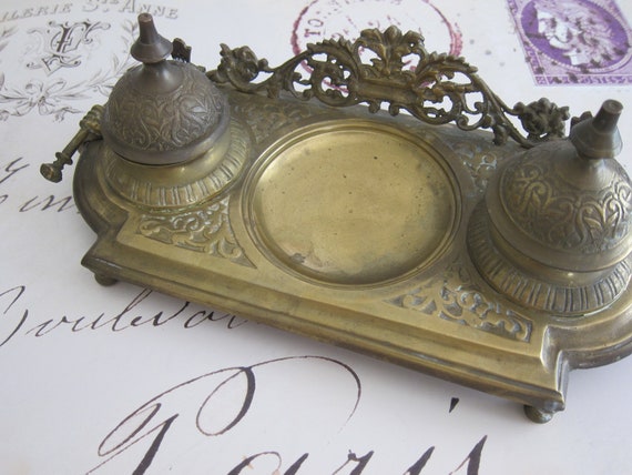 Vintage Brass Inkwell Ornate Inkwell Double Inkwell With