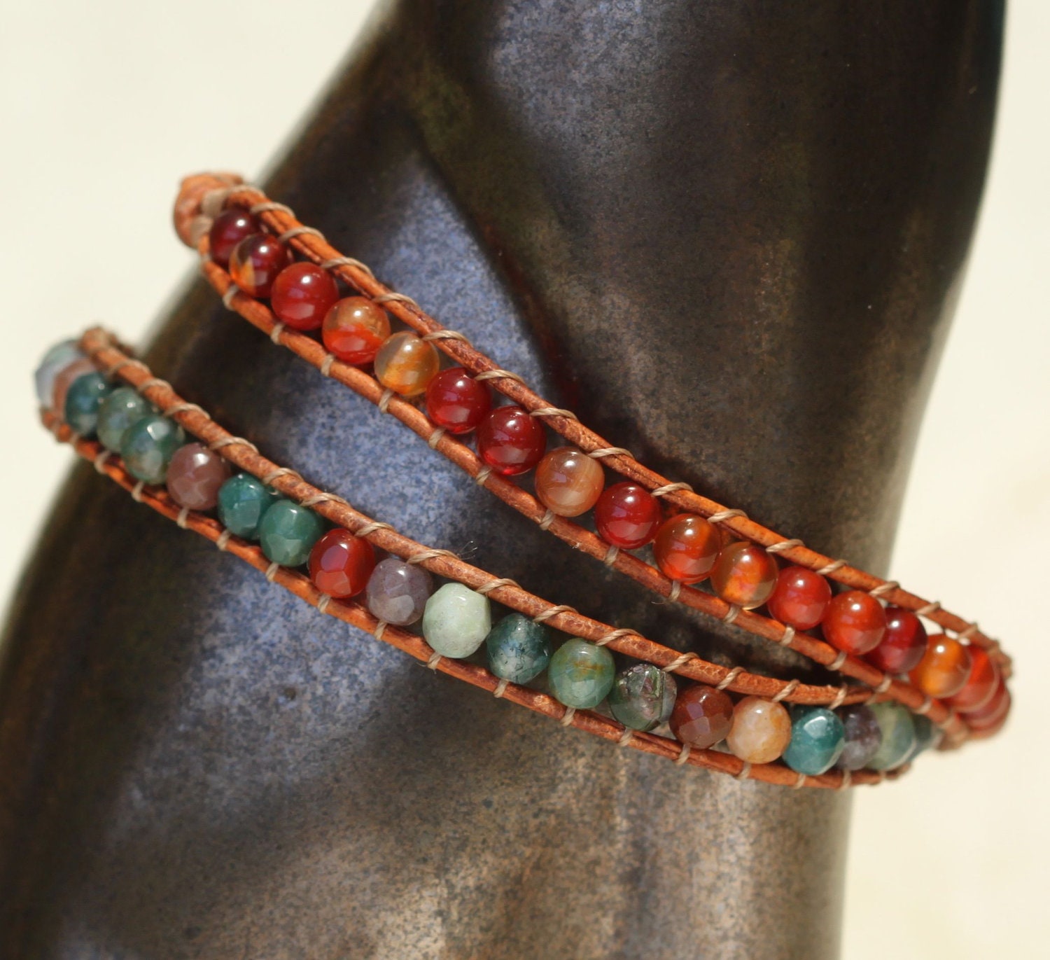 Double Wrap Beaded Bracelet, Rugged Leather, Carnelian-Colored and Green Dyed Agate, Silver Buffalo Button