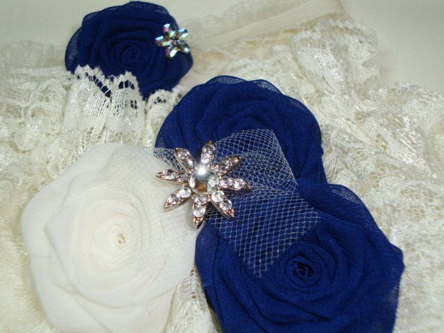 Cobalt Blue Ivory Rose Lace Garter SET Something Bride Bridal Silk Wedding Flower Milk Cream Pearl Jewel Tulle Navy Peacock Teal Night Royal
